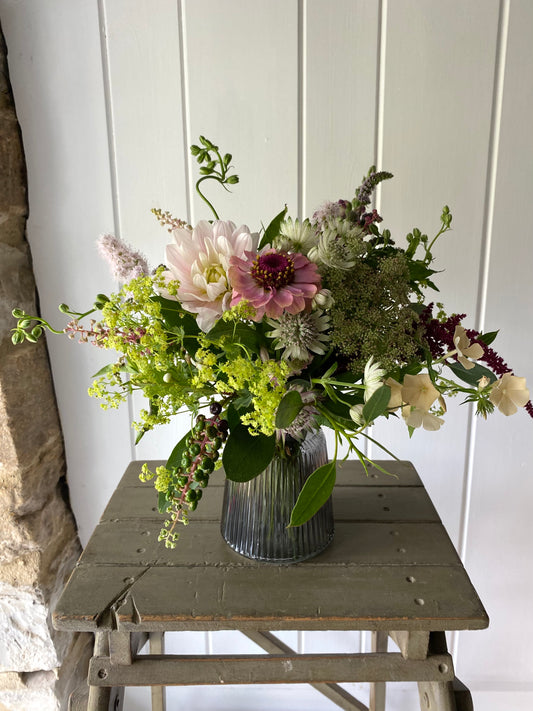 Striped Glass Jar in Smoke and posy of seasonal flowers