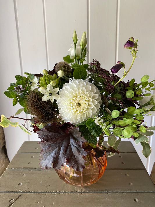 Orange Pumpkin Glass Vase  & a posy of seasonal flowers