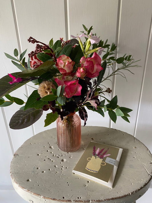 Feathered Glass Bud Vase in Pink & Greetings Card