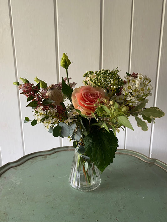 Triangle Glass Bud Vase in Clear & a posy of seasonal flowers