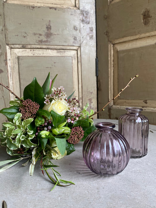 Mauve Duo of Winter Bud Vases including posies