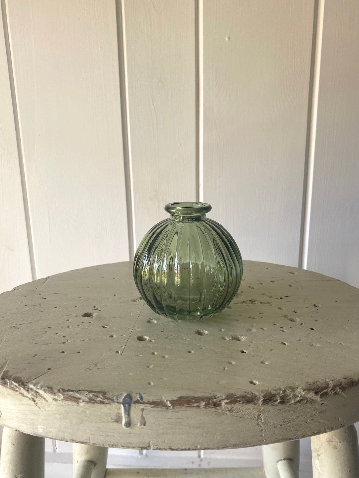 Olive Green Ribbed Glass Bowl and posy of seasonal flowers