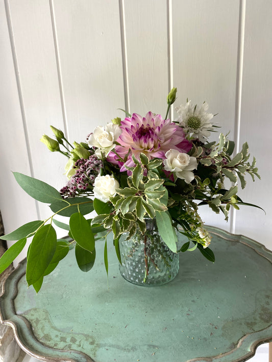 Bobble Glass Jar in Clear and a seasonal posy of flowers