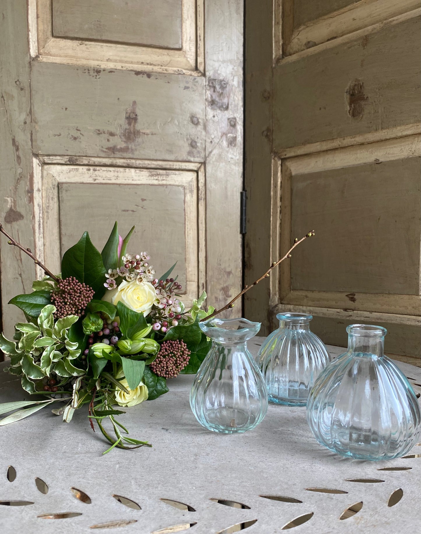 Clear Trio of Winter Bud Vases including posies