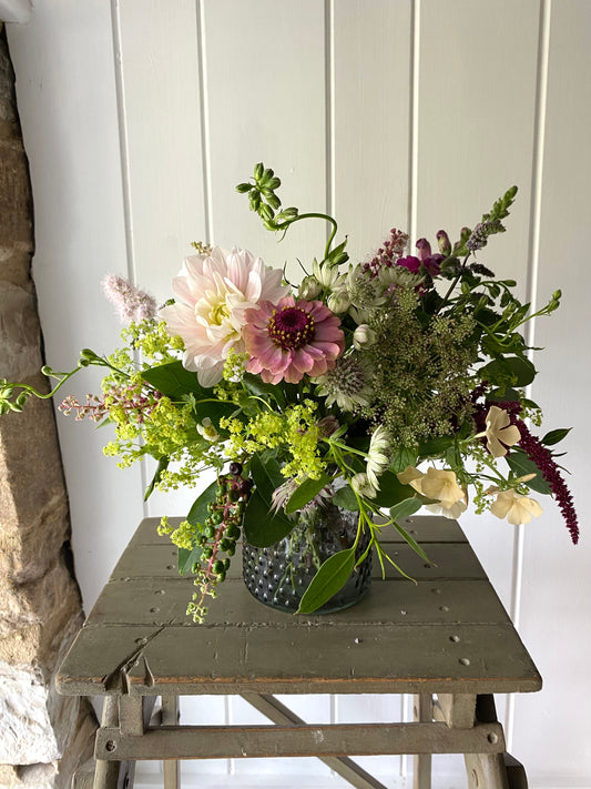 Bobble Glass Jar in Charcoal and a seasonal posy of flowers