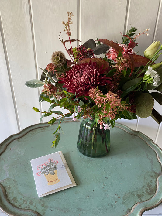 Emerald Ribbed Glass Jar with Greetings Card