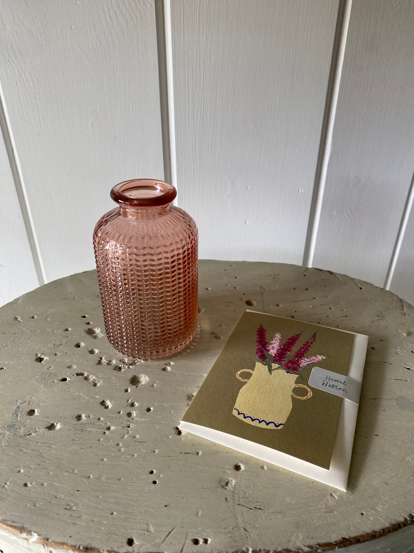 Feathered Glass Bud Vase in Pink & Greetings Card