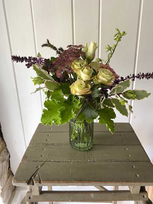 Ribbed Glass Bud Vase in Forest & a posy of seasonal flowers