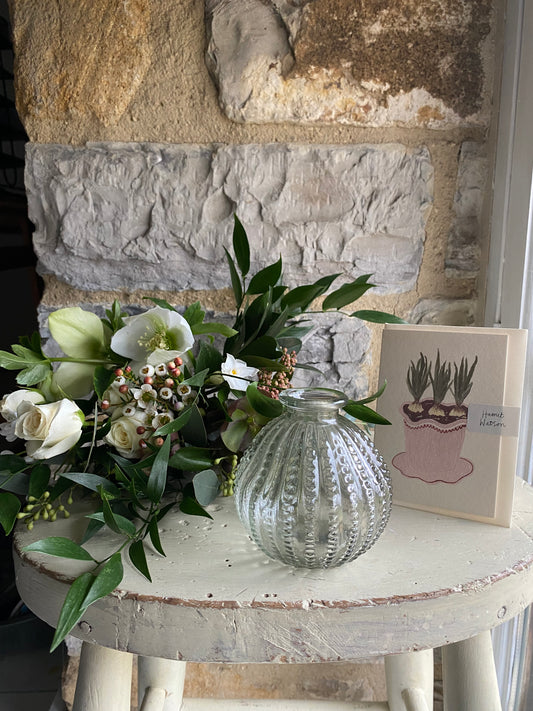 Beaded Glass Bud Vase in Clear, Card & a posy of seasonal flowers