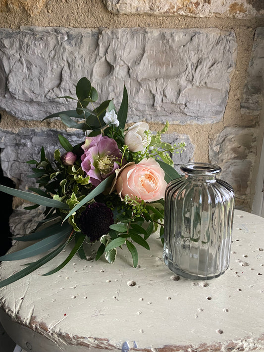 Smoke Ribbed Glass Bud Vase - including a posy of seasonal flowers