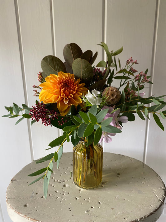 Ribbed Glass Bud Vase in Yellow & a posy of seasonal flowers