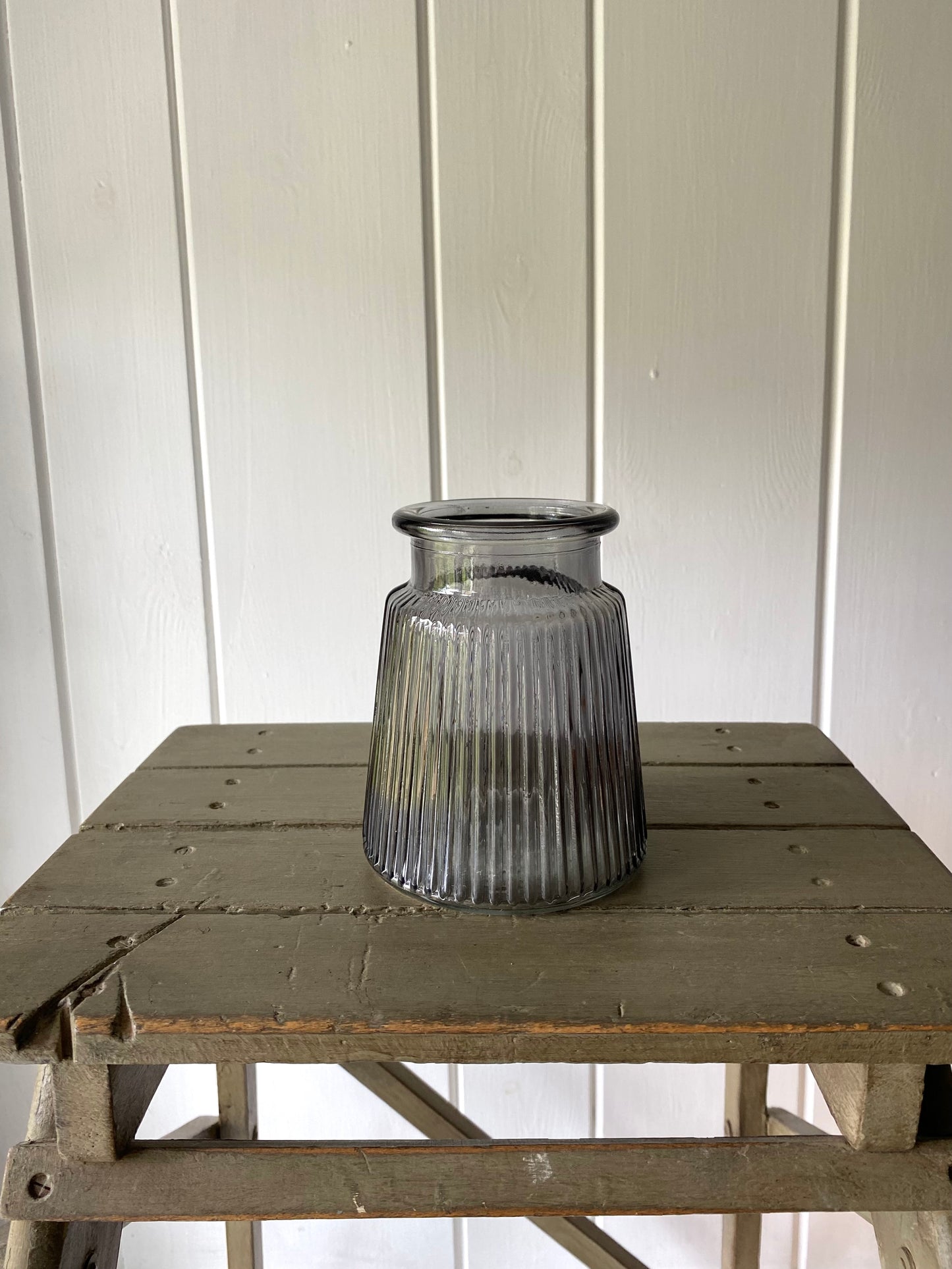 Striped Glass Jar in Smoke and posy of seasonal flowers