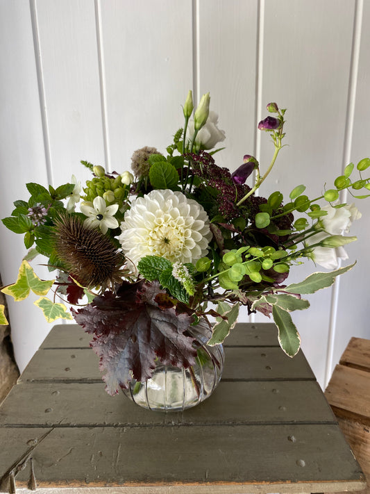 Dusk Pumpkin Glass Vase  & a posy of seasonal flowers