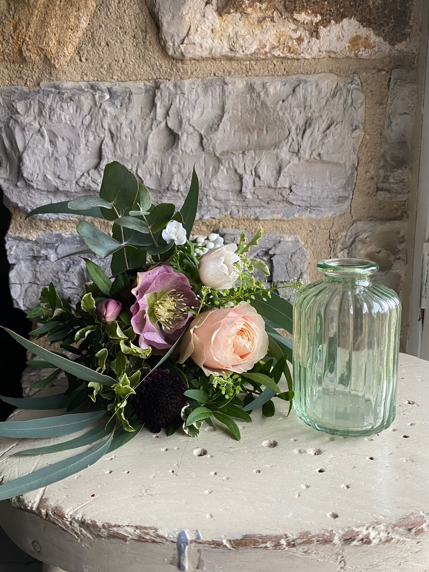 Spring Green Ribbed Glass Bud Vase - including a posy of seasonal flowers