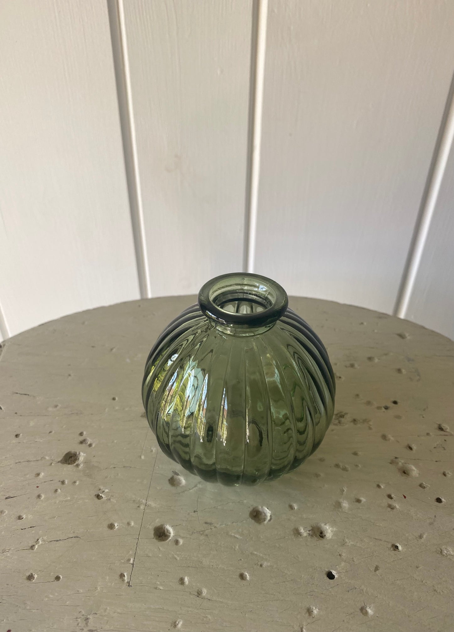 Olive Green Ribbed Glass Bowl and posy of seasonal flowers