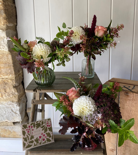 Early Autumn Trio Of Pretty Bud Vases - including a seasonal posy in each vase