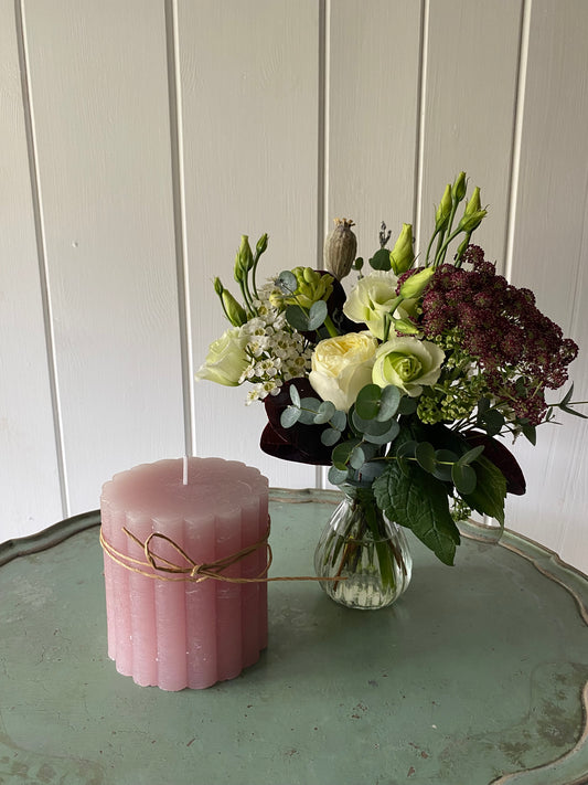 Dusky Pink Candle, Glass Bud Vase & a posy of seasonal flowers