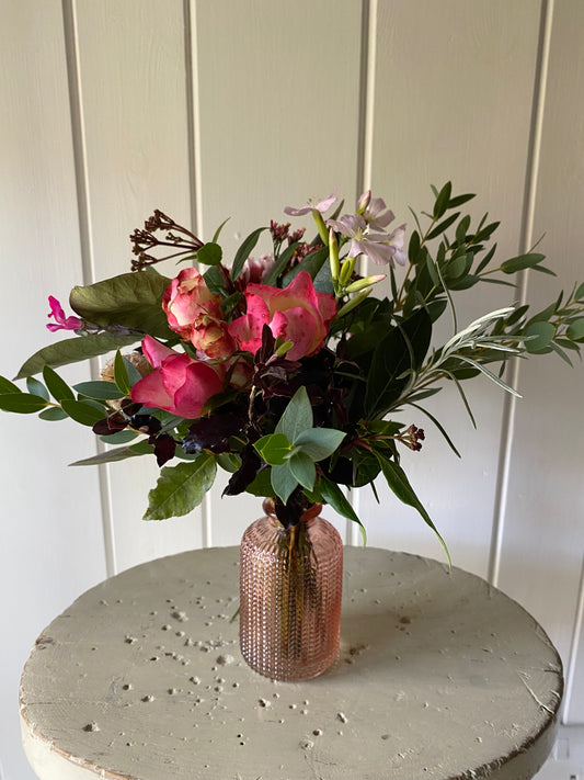 Feathered Glass Bud Vase in Pink & a posy of seasonal flowers