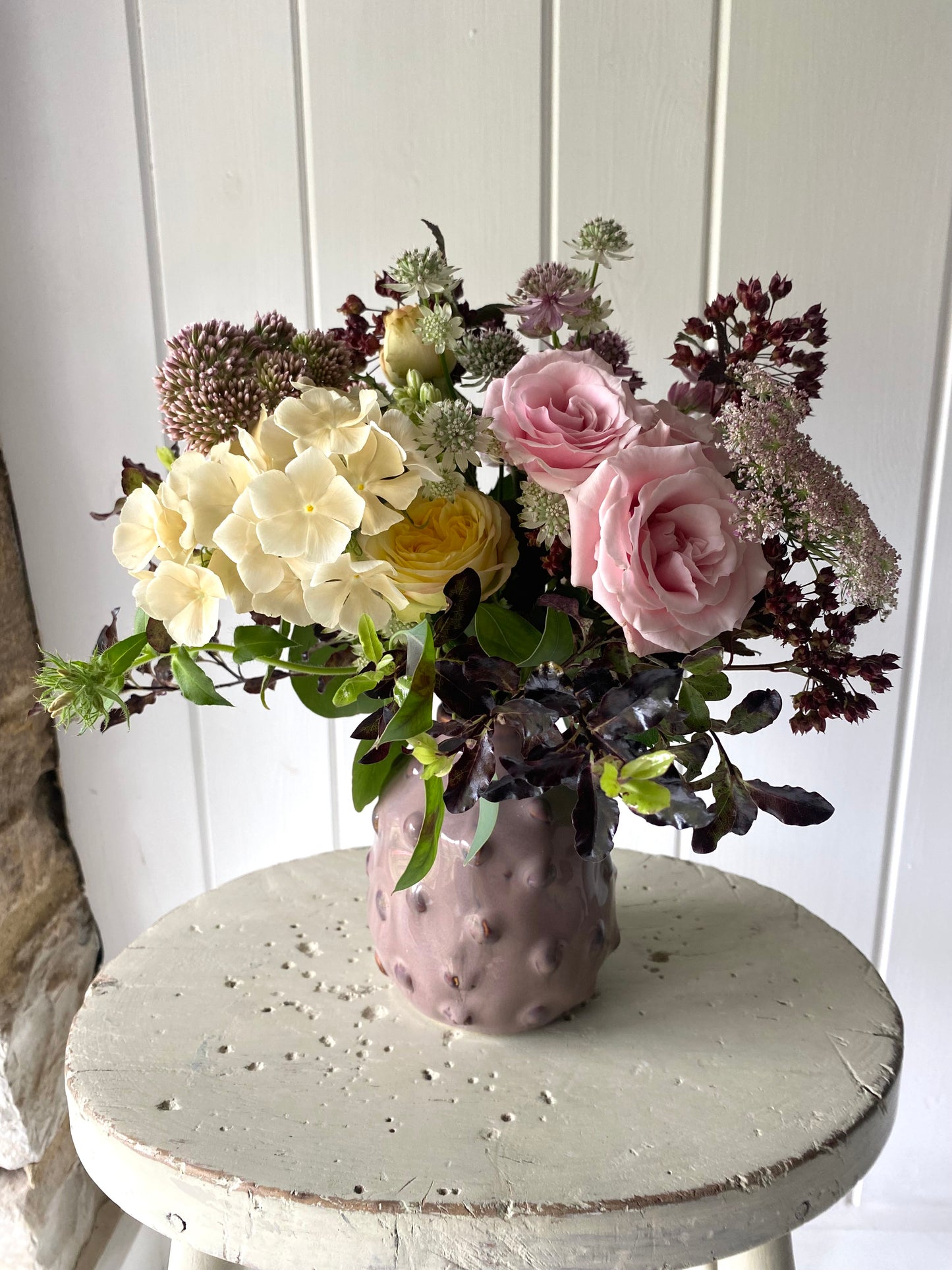 The Lavender Dot Ceramic Vase (approx 12cm) including posy of flowers