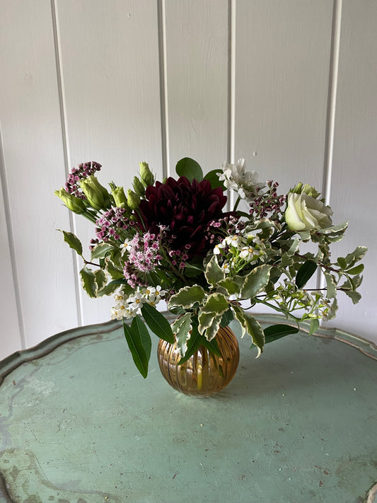 Bowl Glass Bud Vase in Amber & a posy of seasonal flowers