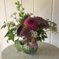 Olive Green Ribbed Glass Bowl and posy of seasonal flowers