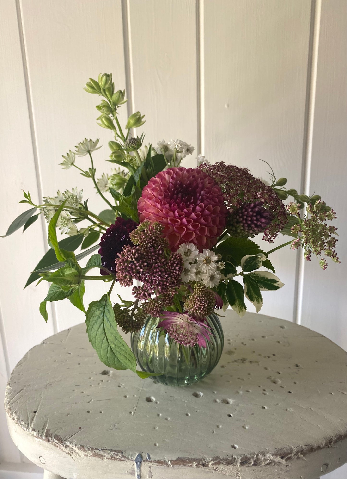 Olive Green Ribbed Glass Bowl and posy of seasonal flowers