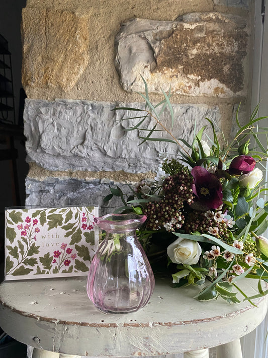 ‘With Love’ Glass Bud Vase in Pink, Card & a posy of seasonal flowers