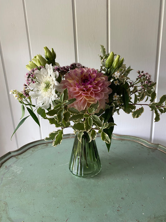 Triangle Glass Bud Vase in Forest & a posy of seasonal flowers