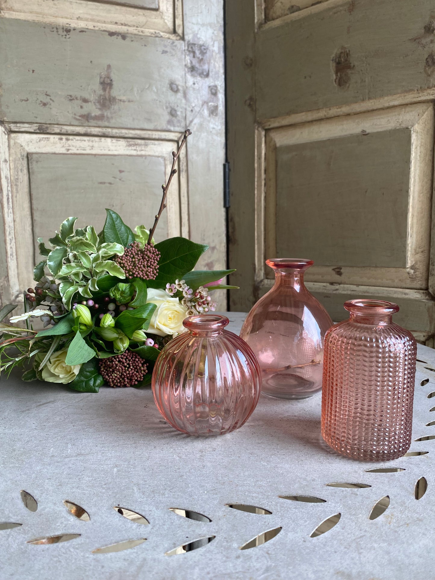 Pink Trio of Winter Bud Vases including posies