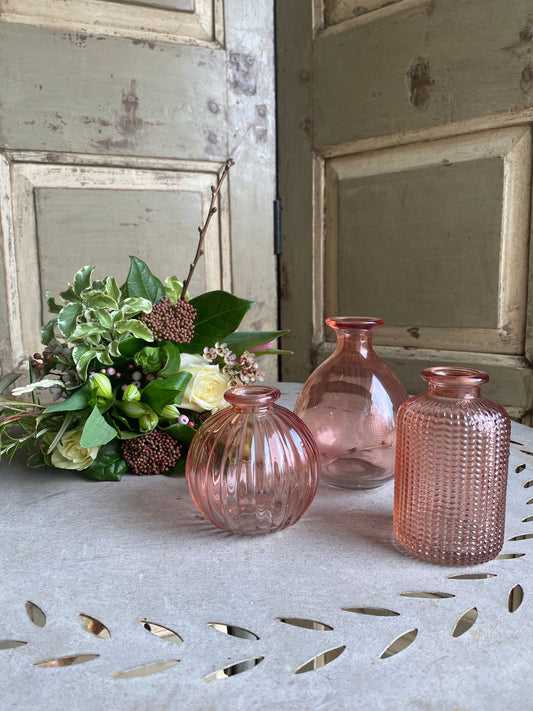 Pink Trio of Winter Bud Vases including posies