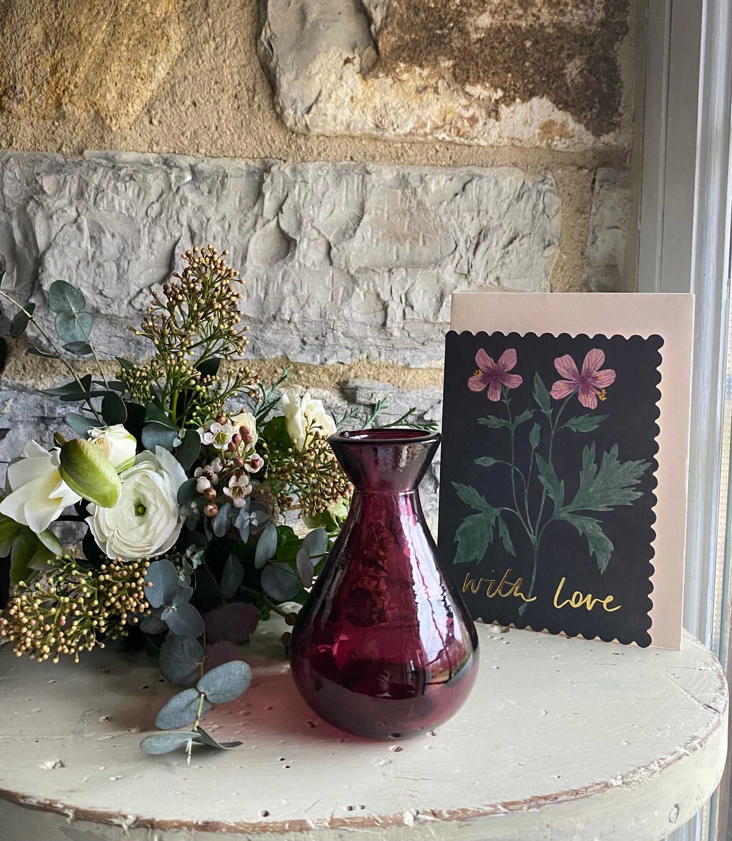 ‘With Love’ Glass Bud Vase in Wine, Card & a posy of seasonal flowers