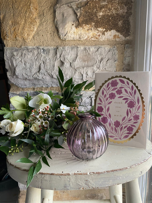 ‘Thank You’ Glass Bud Vase in Mauve, Card & a posy of seasonal flowers