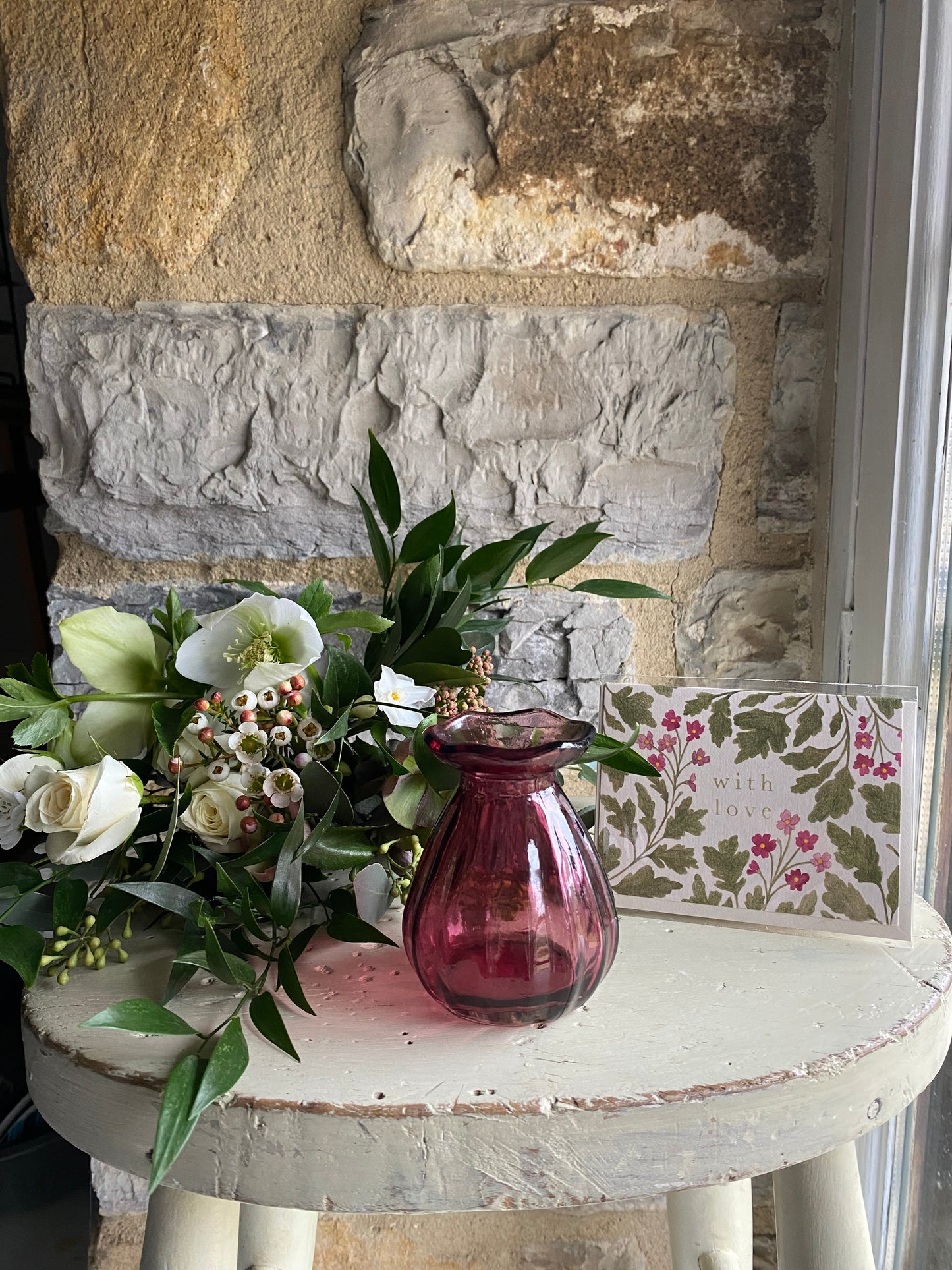 Glass Bud Vase in Dark Pink, Card & a posy of seasonal flowers