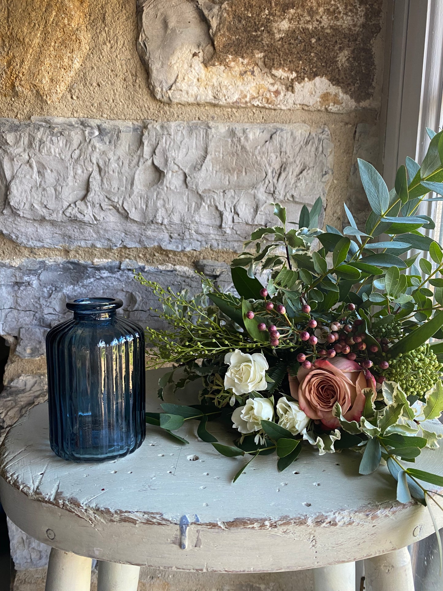 Ribbed Glass Bud Vase in Dark Blue & a posy of seasonal flowers