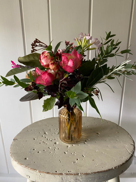 Ribbed Glass Bud Vase in Dark Peach & a posy of seasonal flowers