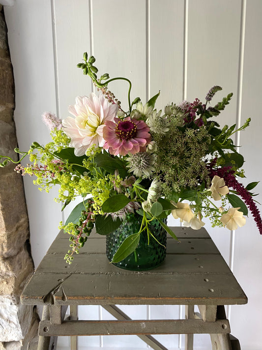 Bobble Glass Jar in Ivy and a posy of seasonal flowers