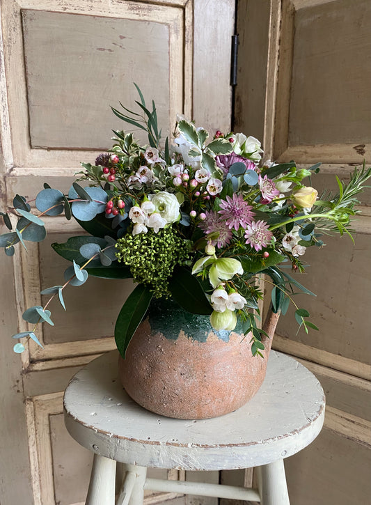 Forest Green Terracotta Jug - including a posy of flowers