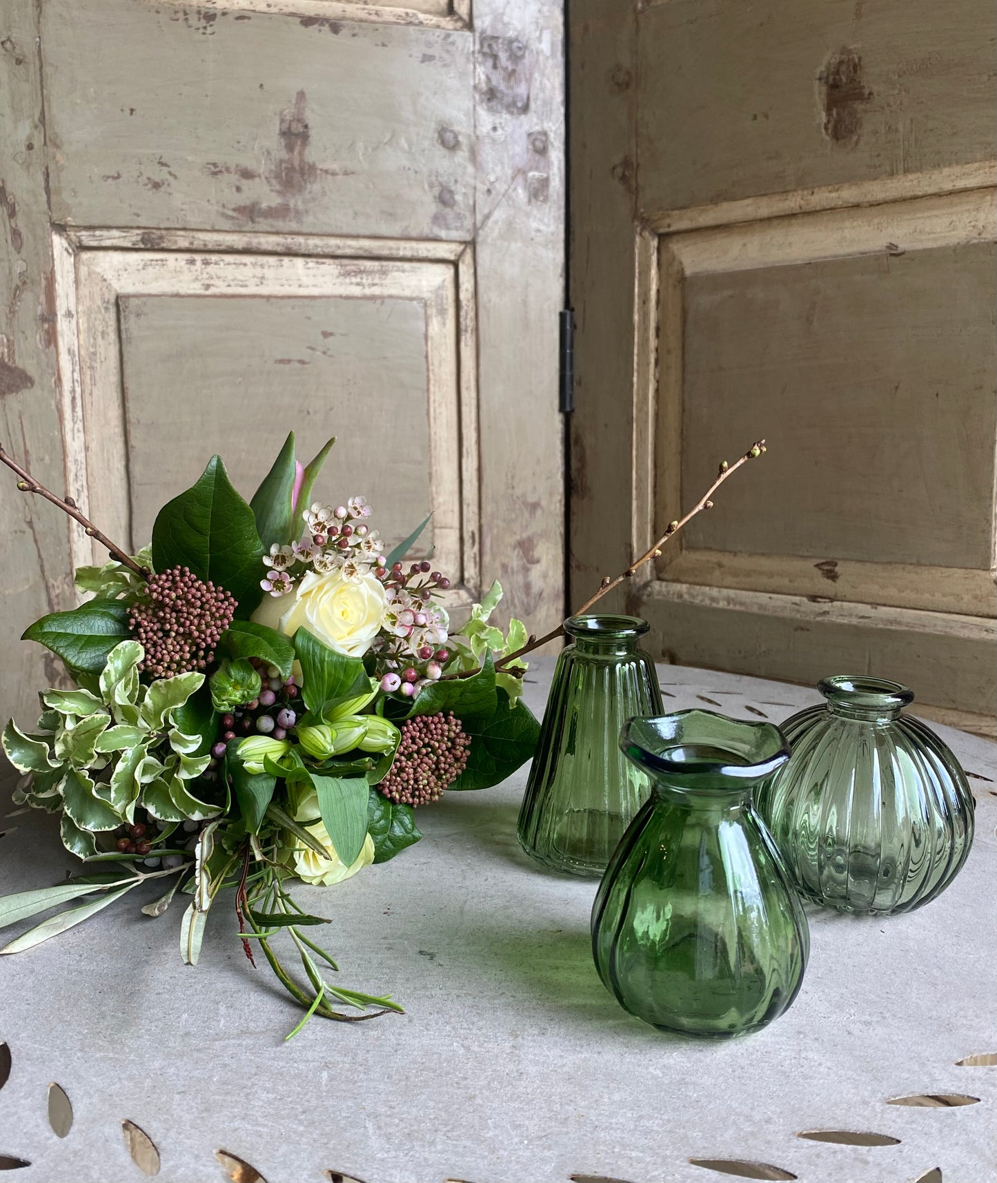 Green Trio of Winter Bud Vases including posies