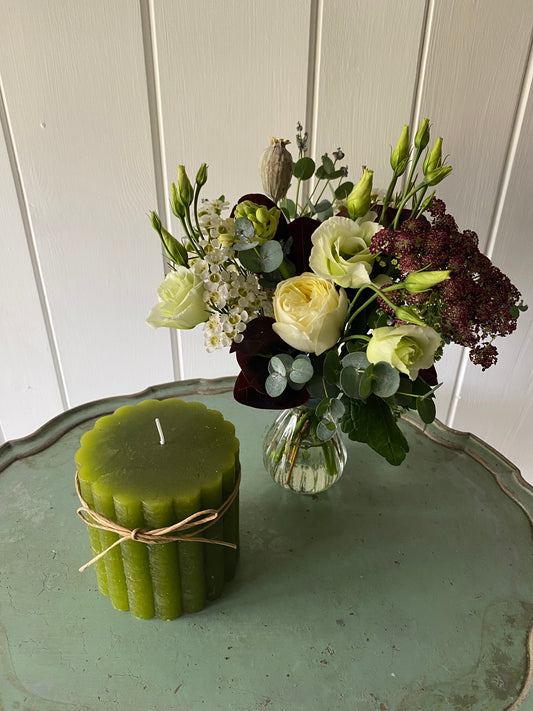 Forest Green Candle, Glass Bud Vase & a posy of seasonal flowers