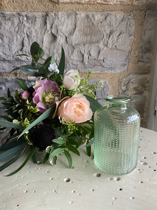 Spring Green Feathered Glass Bud Vase - including a posy of seasonal flowers