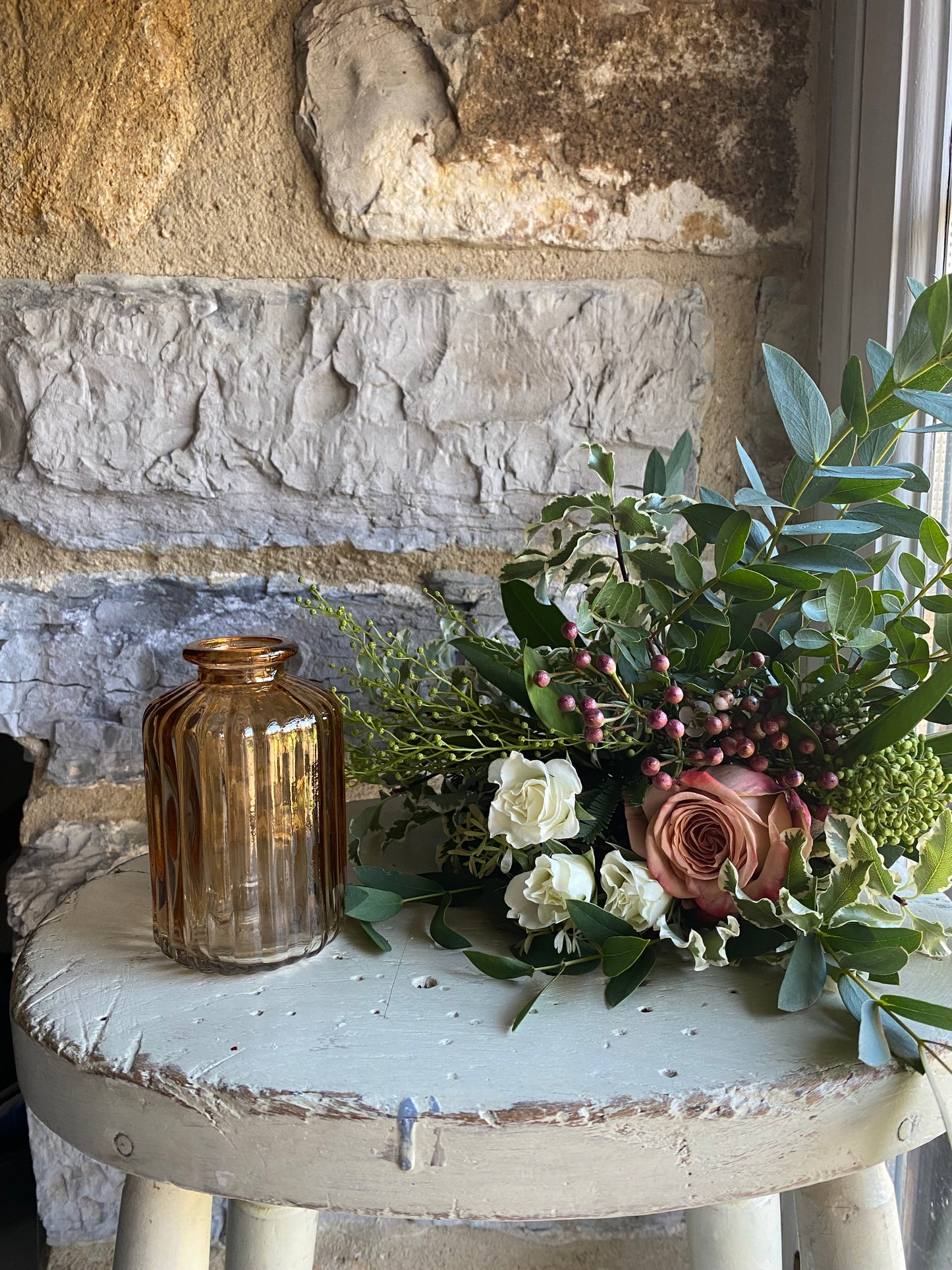 Ribbed Glass Bud Vase in Dark Peach & a posy of seasonal flowers