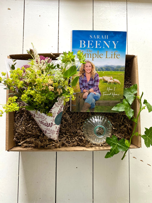 The Simple Life Gift Box - including a clear shell bud vase with a posy of seasonal flowers